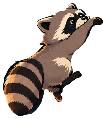 A fluffy raccoon clambering over the edge of a giant green dumpster full of game-server treasure